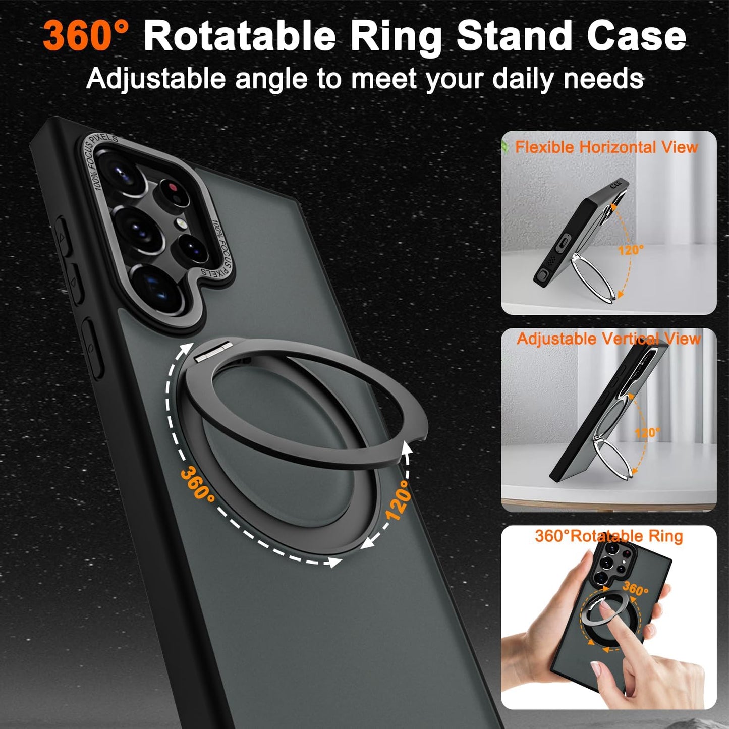 Samsung Galaxy S23 Ultra Shockproof Translucent Matte Case with 360° Rotatable Magnetic Magsafe Ring & Kickstand - Black