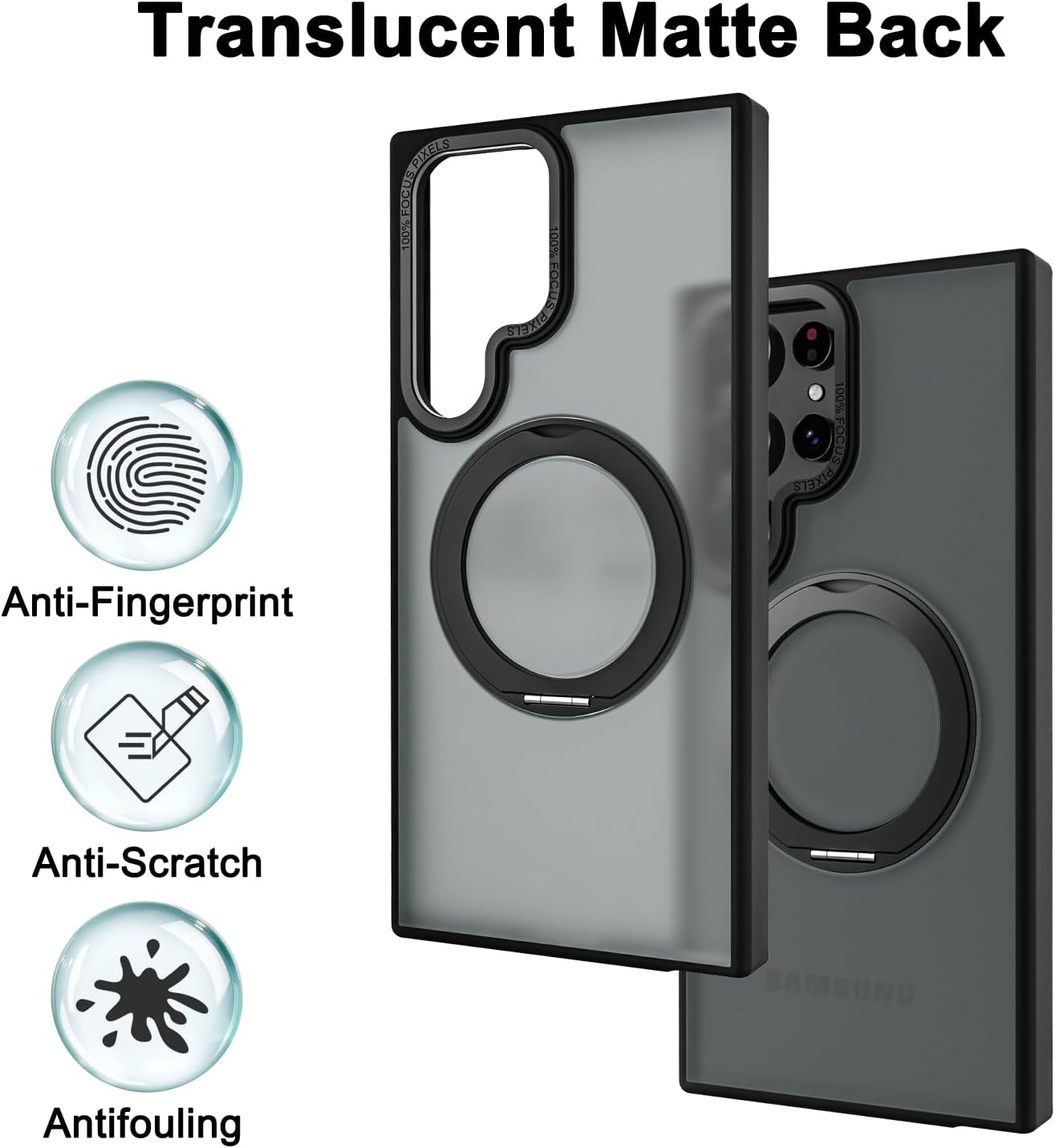 Samsung Galaxy S23 Ultra Shockproof Translucent Matte Case with 360° Rotatable Magnetic Magsafe Ring & Kickstand - Black