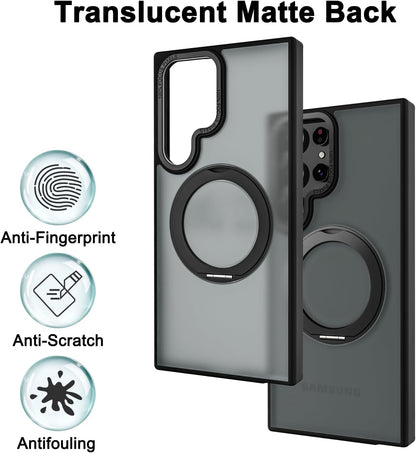 Samsung Galaxy S23 Ultra Shockproof Translucent Matte Case with 360° Rotatable Magnetic Magsafe Ring & Kickstand - Black