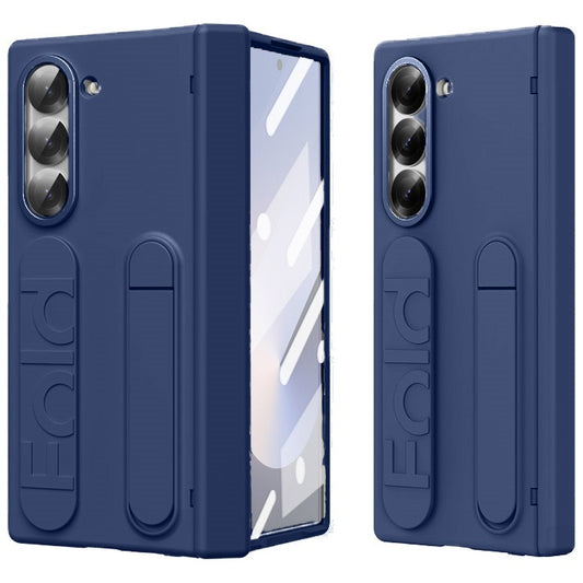 Samsung galaxy Z Fold 6 Matte Skin Feel Band Stand Case with Inbuilt Front Glass & HInge Protection - Blue