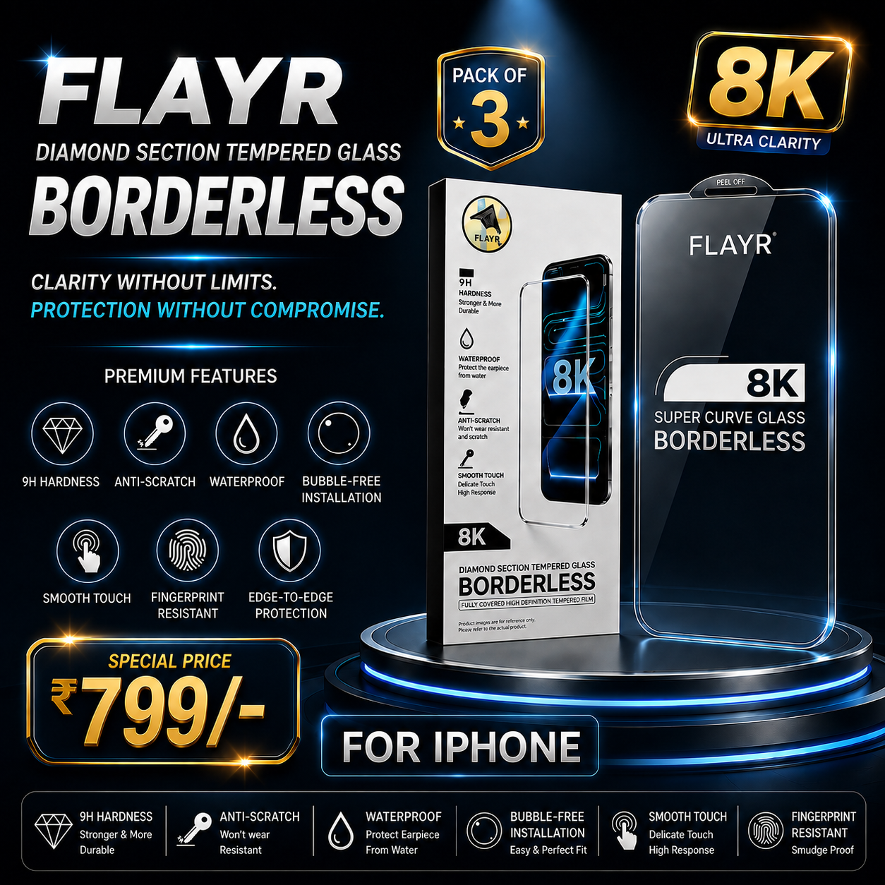 8K Borderless Tempered Glass Ultra-Clear Edge-to-Edge Protection for iPhones - Pack of 3