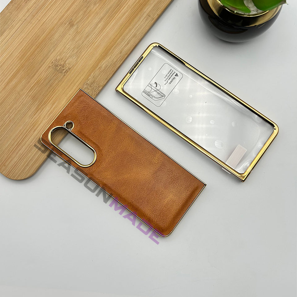 Samsung Galaxy Z Fold 5 Gold Plated Leather Case With Front Glass - Tan Brown