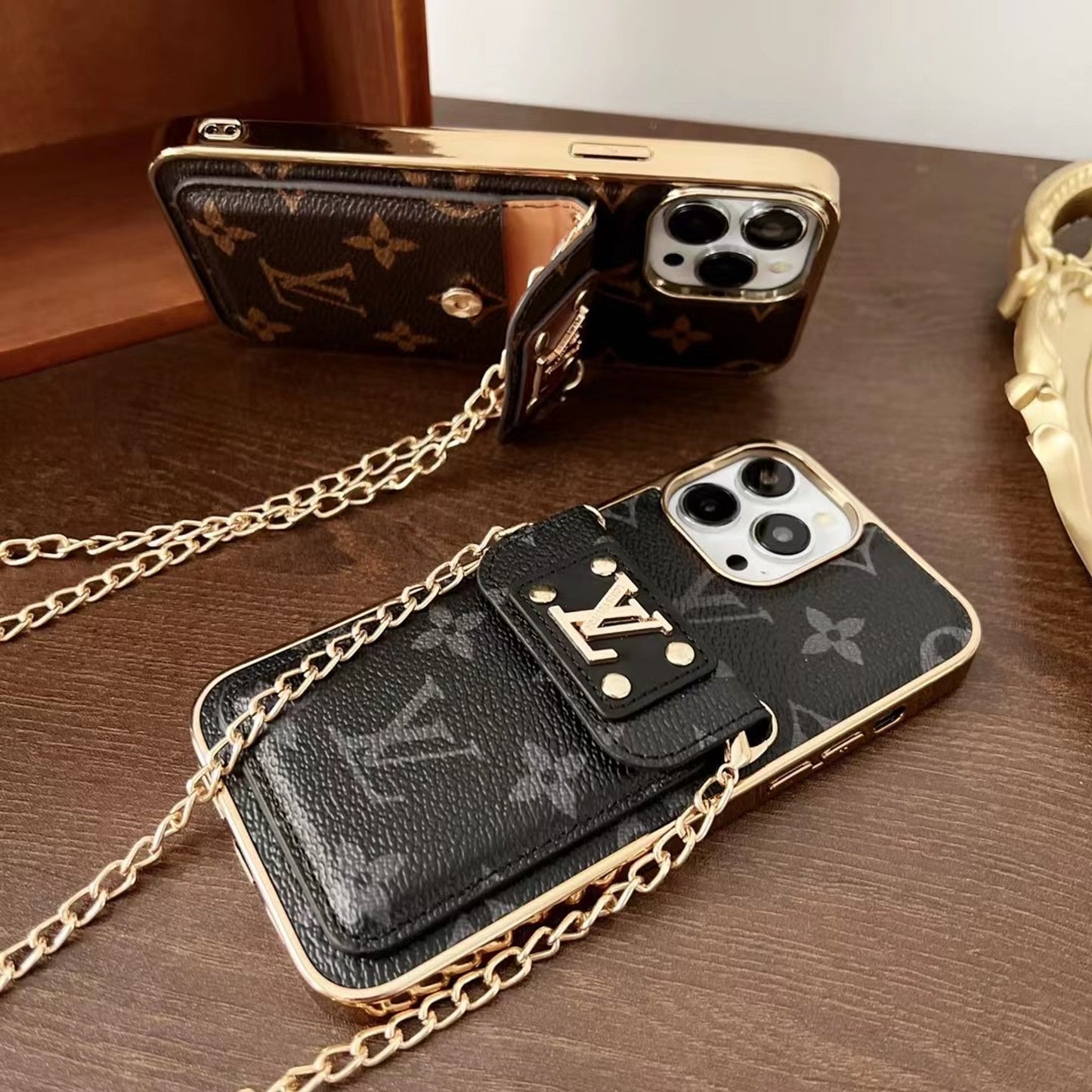 iPhone 16 Pro Louis Vuitton LV Leather Case with Gold Plated Chain & Pocket - Brown