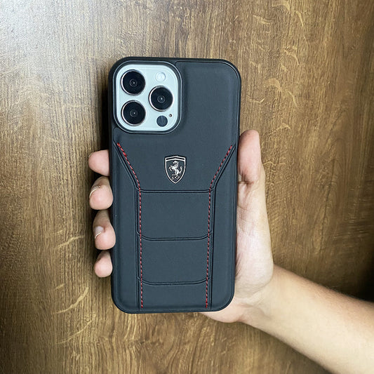 iPhone 15 Pro Max Ferrari Logo Leather Case
