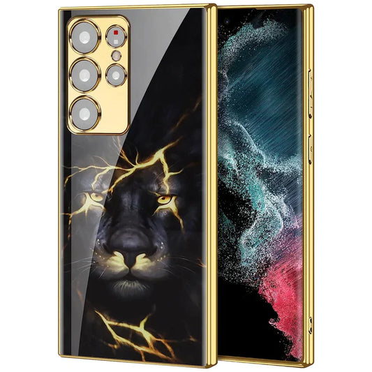 Samsung Galaxy S23 Ultra Original Glass Case with Lion Print & Golden Chrome