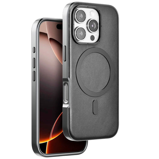iPhone 16 Pro Classic Business Series Leather Case with Metal Magsafe Ring - Gray