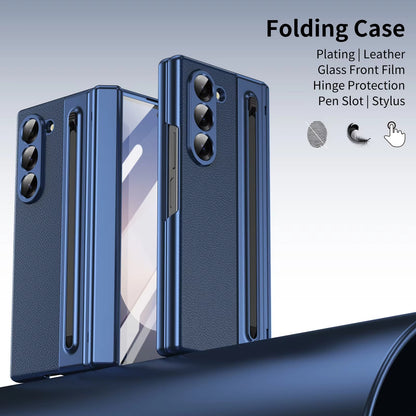 Samsung Galaxy Z Fold 6 Electroplating Leather Case with S Pen & Front Glass Protection - Blue