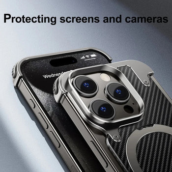 iPhone 15 Pro Metal Rimless Carbon Fibre Magnetic Impact Resistance Casing with Stand - Titanium