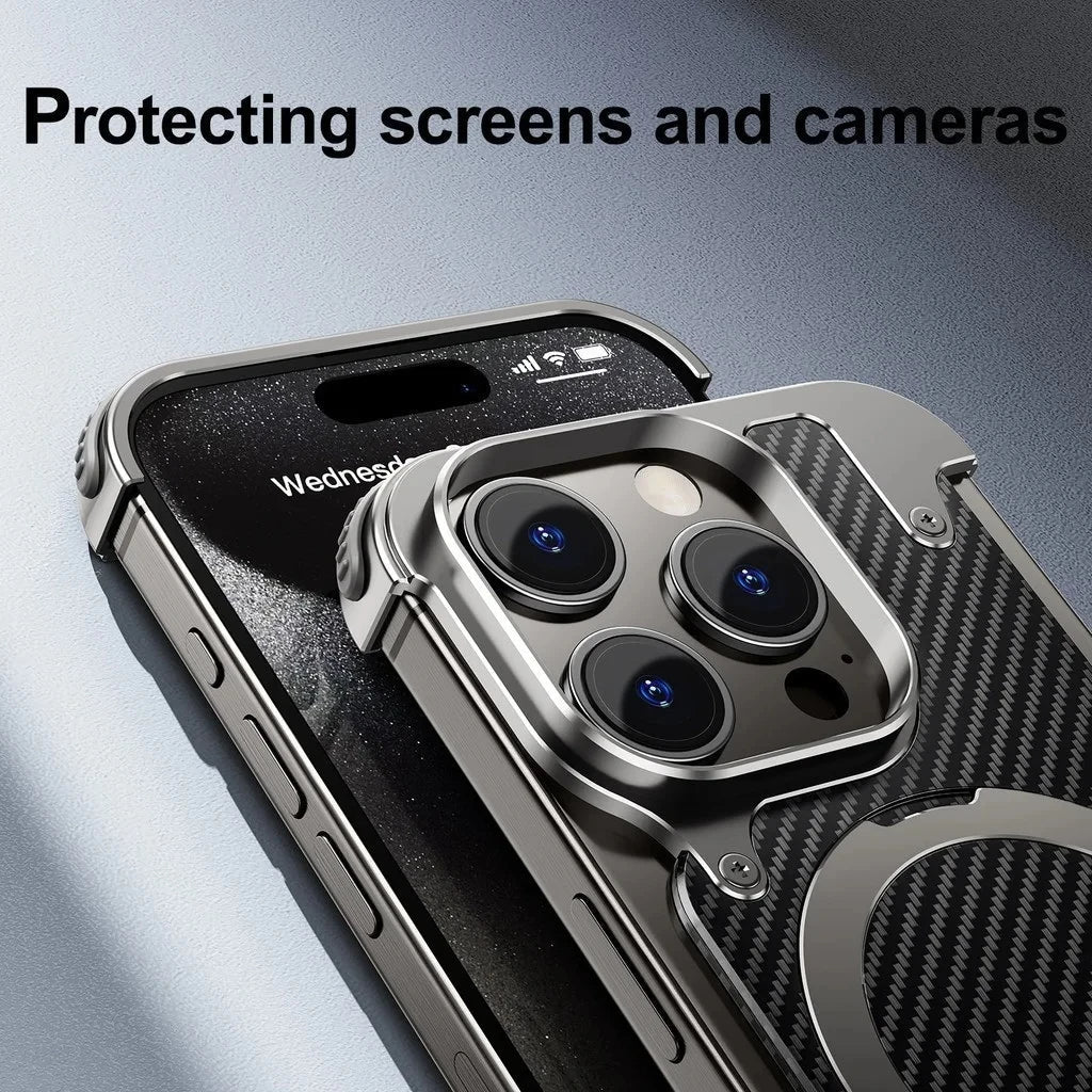 iPhone 15 Pro Metal Rimless Carbon Fibre Magnetic Impact Resistance Casing with Stand - Titanium