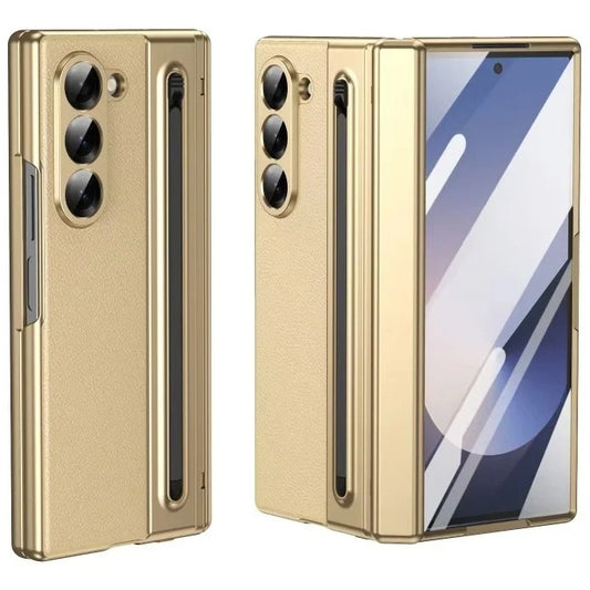 Samsung Galaxy Z Fold 6 Electroplating Leather Case with S Pen & Front Glass Protection - Gold