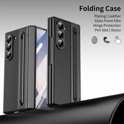 Samsung Galaxy Z Fold 6 Electroplating Leather Case with S Pen & Front Glass Protection - Black