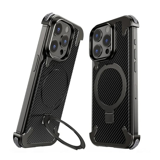 iPhone 15 Pro Max Metal Rimless Carbon Fibre Magnetic Impact Resistance Casing with Stand - Black