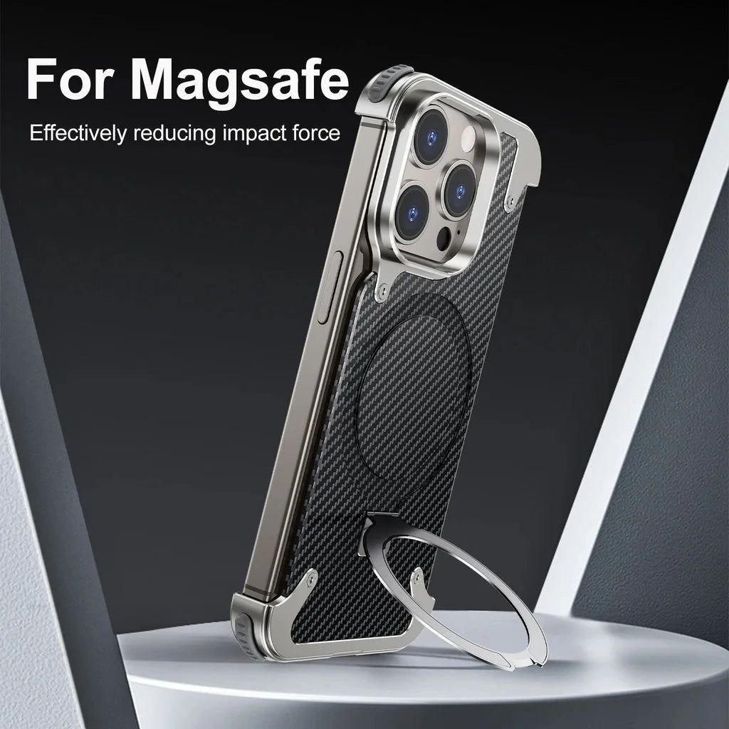iPhone 15 Pro Metal Rimless Carbon Fibre Magnetic Impact Resistance Casing with Stand - Titanium