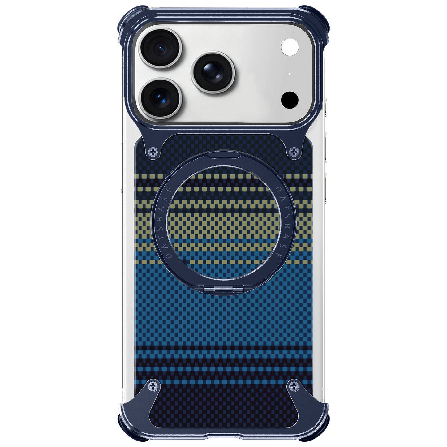 iPhone 17 Pro Max Titan Carbon Metal Frame Case with 360 Roatating Ring - Blue