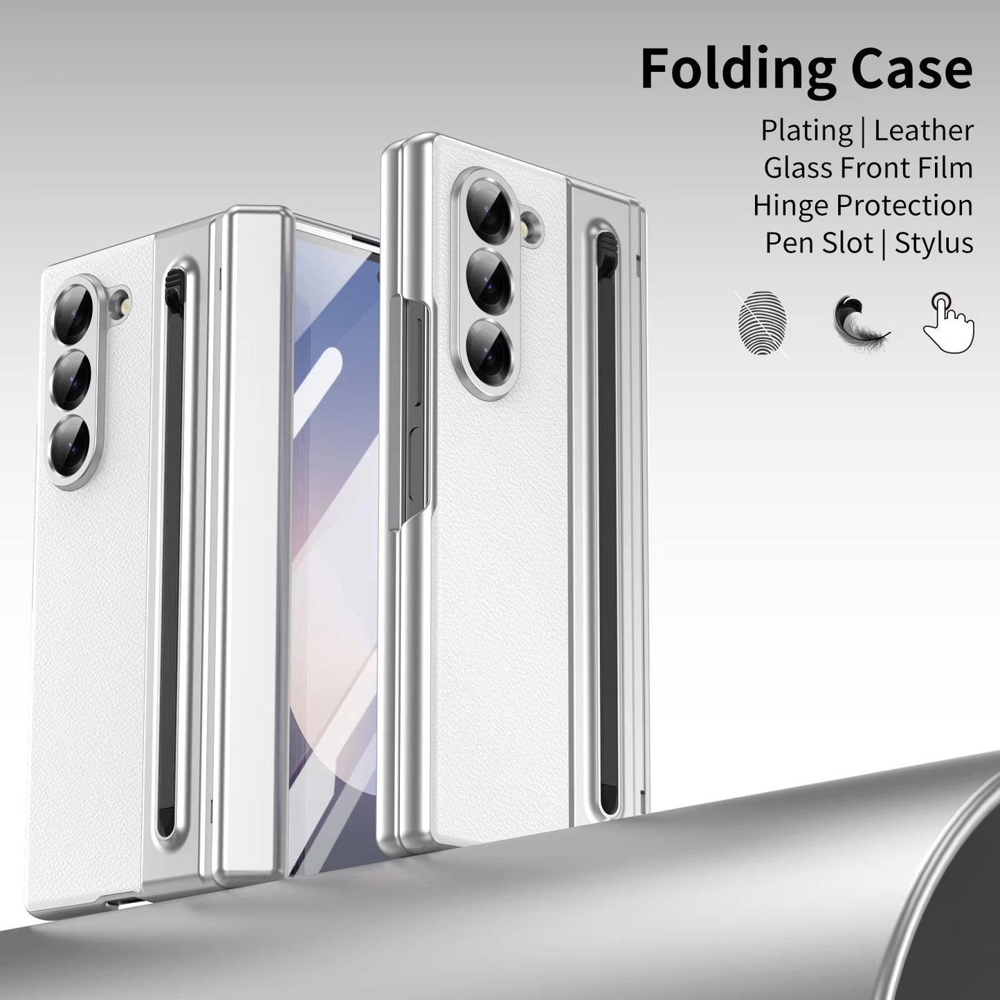 Samsung Galaxy Z Fold 6 Electroplating Leather Case with S Pen & Front Glass Protection - Whitesilver