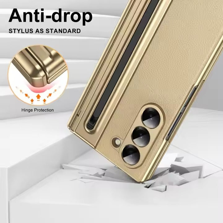 Samsung Galaxy Z Fold 6 Electroplating Leather Case with S Pen & Front Glass Protection - Gold
