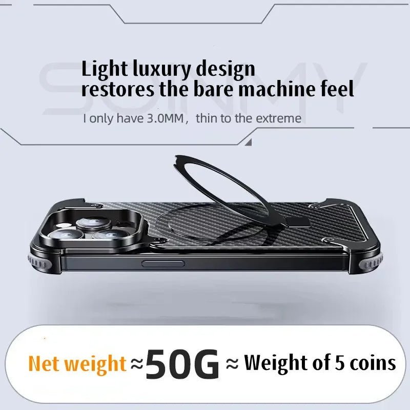 iPhone 15 Pro Max Metal Rimless Carbon Fibre Magnetic Impact Resistance Casing with Stand - Titanium