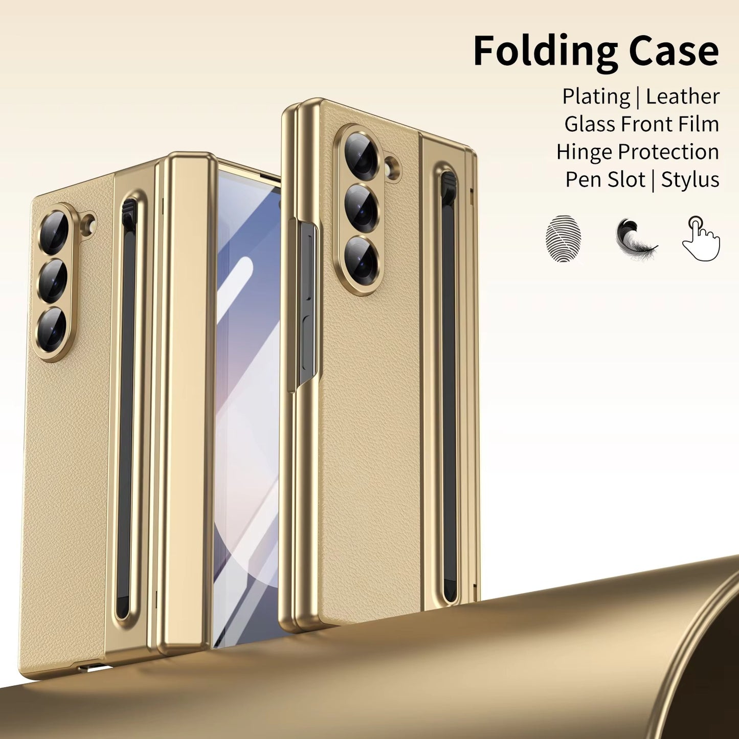 Samsung Galaxy Z Fold 6 Electroplating Leather Case with S Pen & Front Glass Protection - Gold