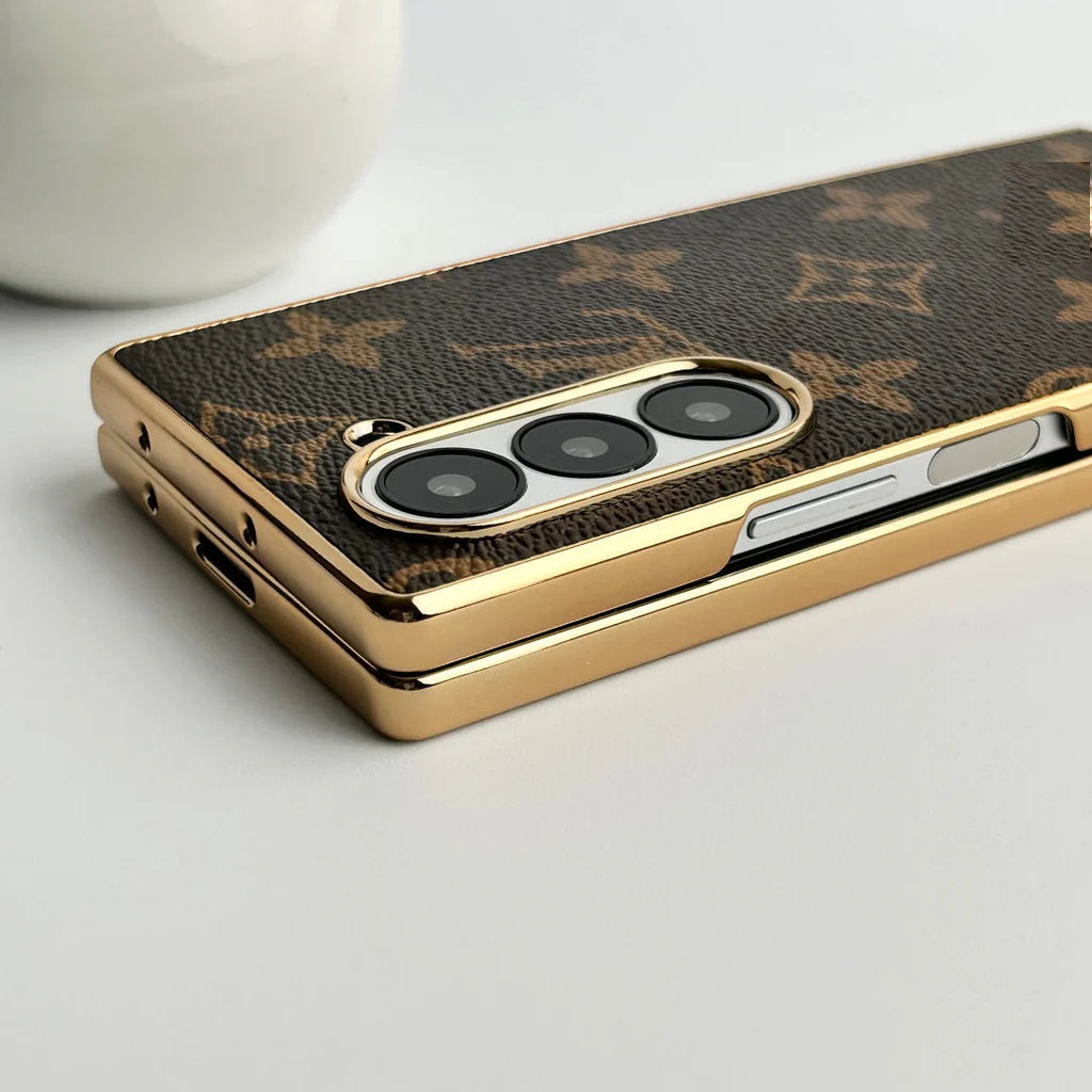 Samsung Galaxy Z Fold7 Luxury Gold Plated Leather Case - Brown