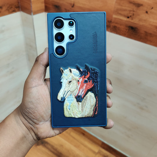Samsung Galaxy S24 Ultra Dual Horse Embroidery PU Leather Case with Cloth Inside - Blue