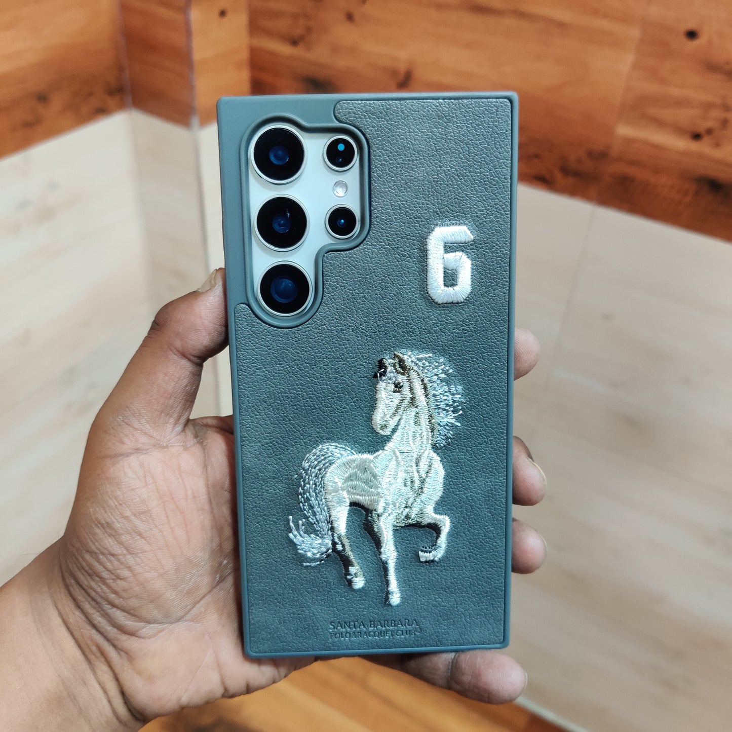 Samsung Galaxy S22 Ultra Horse 6 Embroidery PU Leather Case with Cloth Inside - Gray