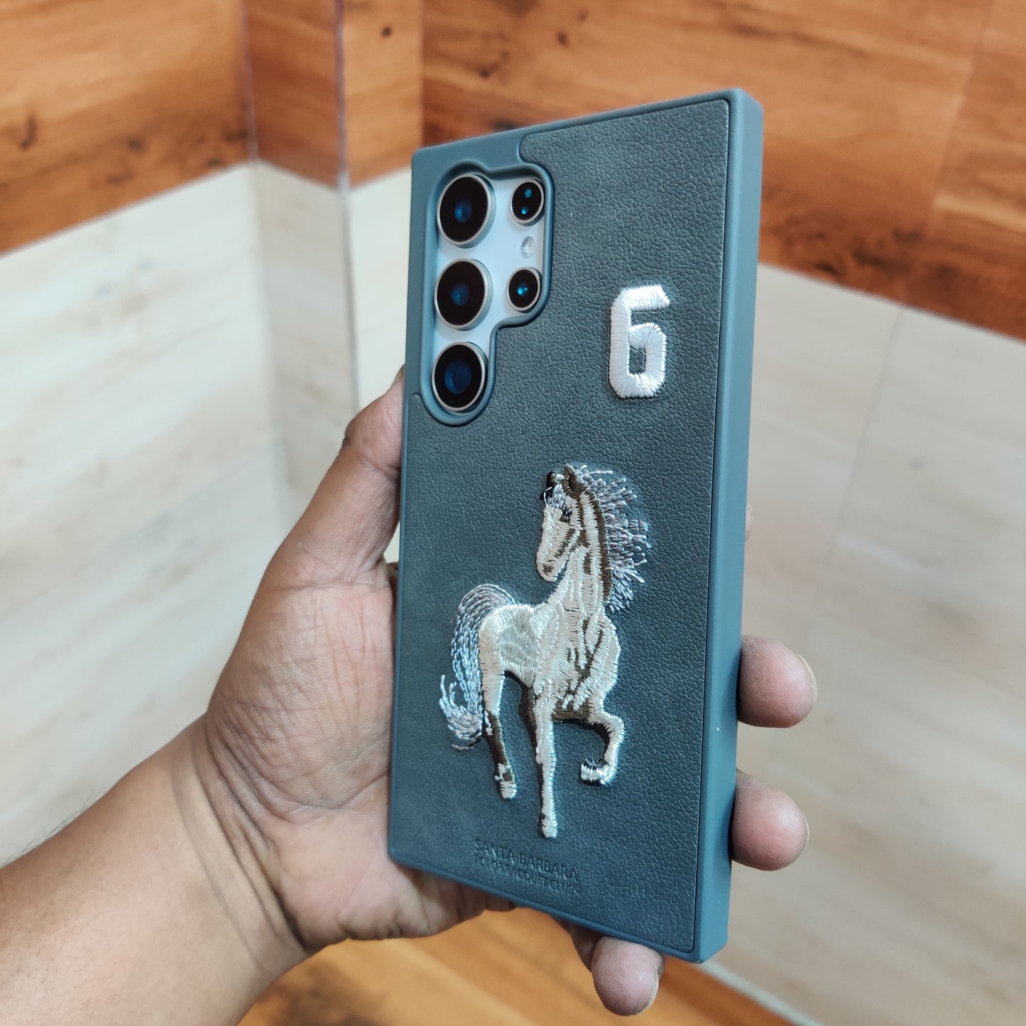 Samsung Galaxy S22 Ultra Horse 6 Embroidery PU Leather Case with Cloth Inside - Gray