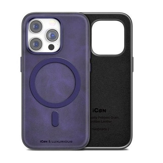 iPhone 15 Pro Max Classic Business Leather Case with Metal Magsafe Ring - Purple