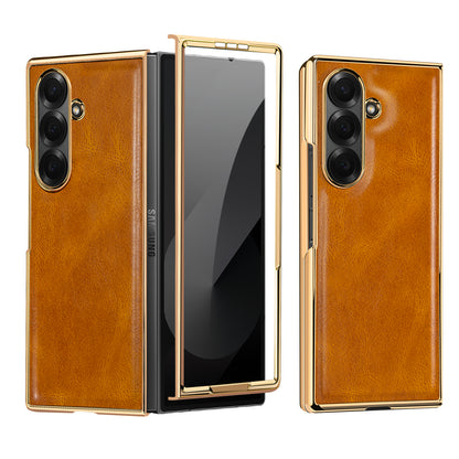 Samsung Galaxy Fold7 Gold Plating Leather Case with Front Glass Protector - Tan