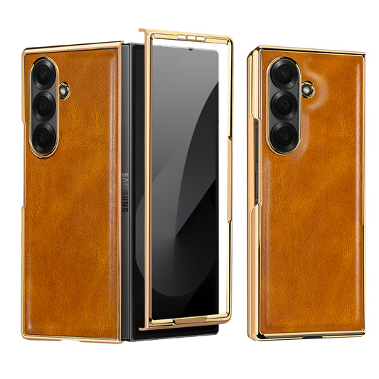 Samsung Galaxy Fold7 Gold Plating Leather Case with Front Glass Protector - Tan