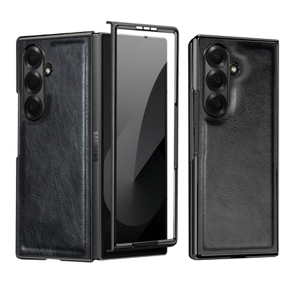 Samsung Galaxy Fold7 Gold Plating Leather Case with Front Glass Protector - Black