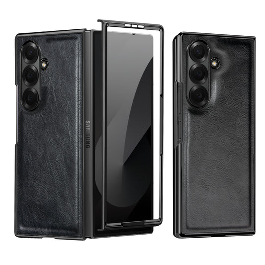 Samsung Galaxy Fold7 Gold Plating Leather Case with Front Glass Protector - Black
