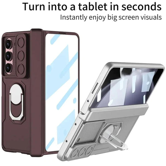 Samsung Galaxy Z Fold 5 Ring Holder Magnetic Hinge Screen Protector Rugged Protective Case-Maroon