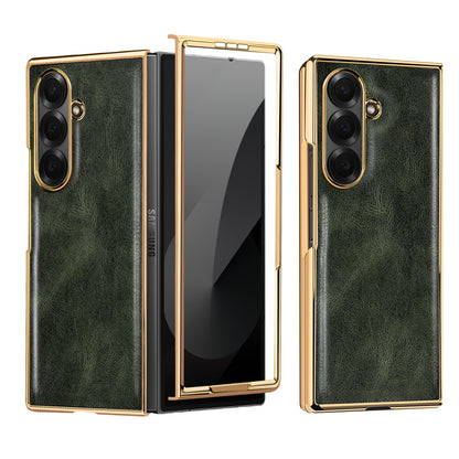 Samsung Galaxy Fold7 Gold Plating Leather Case with Front Glass Protector - Green