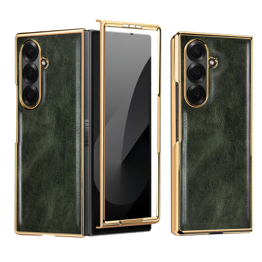 Samsung Galaxy Fold7 Gold Plating Leather Case with Front Glass Protector - Green