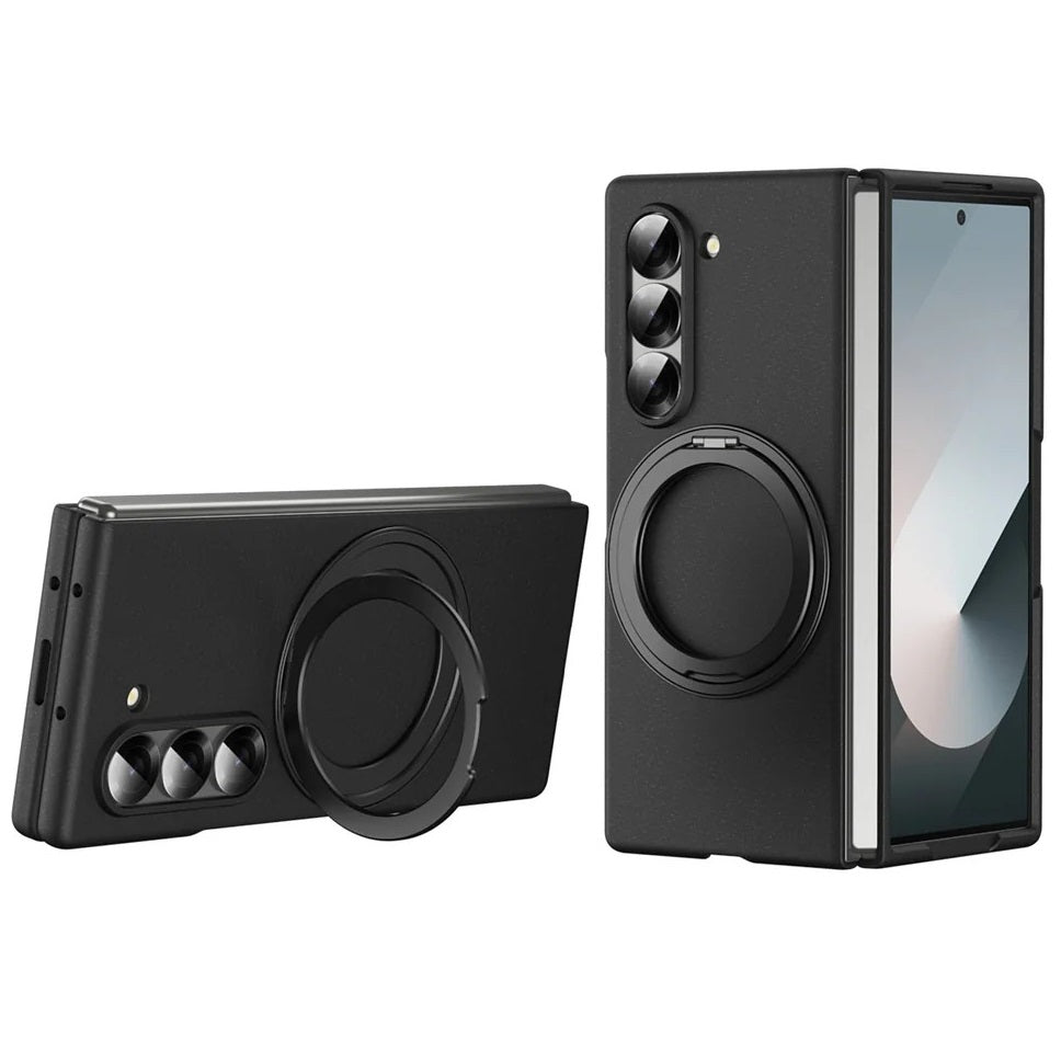 Samsung Galaxy Z Fold 6 Shockproof Hard Shell Case with 360 Metal Rotating & Front Glass - Black