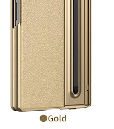 Samsung Galaxy Z Fold 6 Electroplating Leather Case with S Pen & Front Glass Protection - Gold