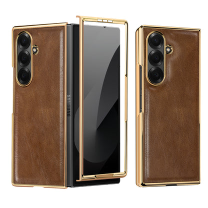 Samsung Galaxy Fold7 Gold Plating Leather Case with Front Glass Protector - Brown