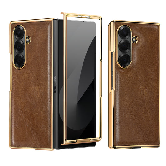 Samsung Galaxy Fold7 Gold Plating Leather Case with Front Glass Protector - Brown