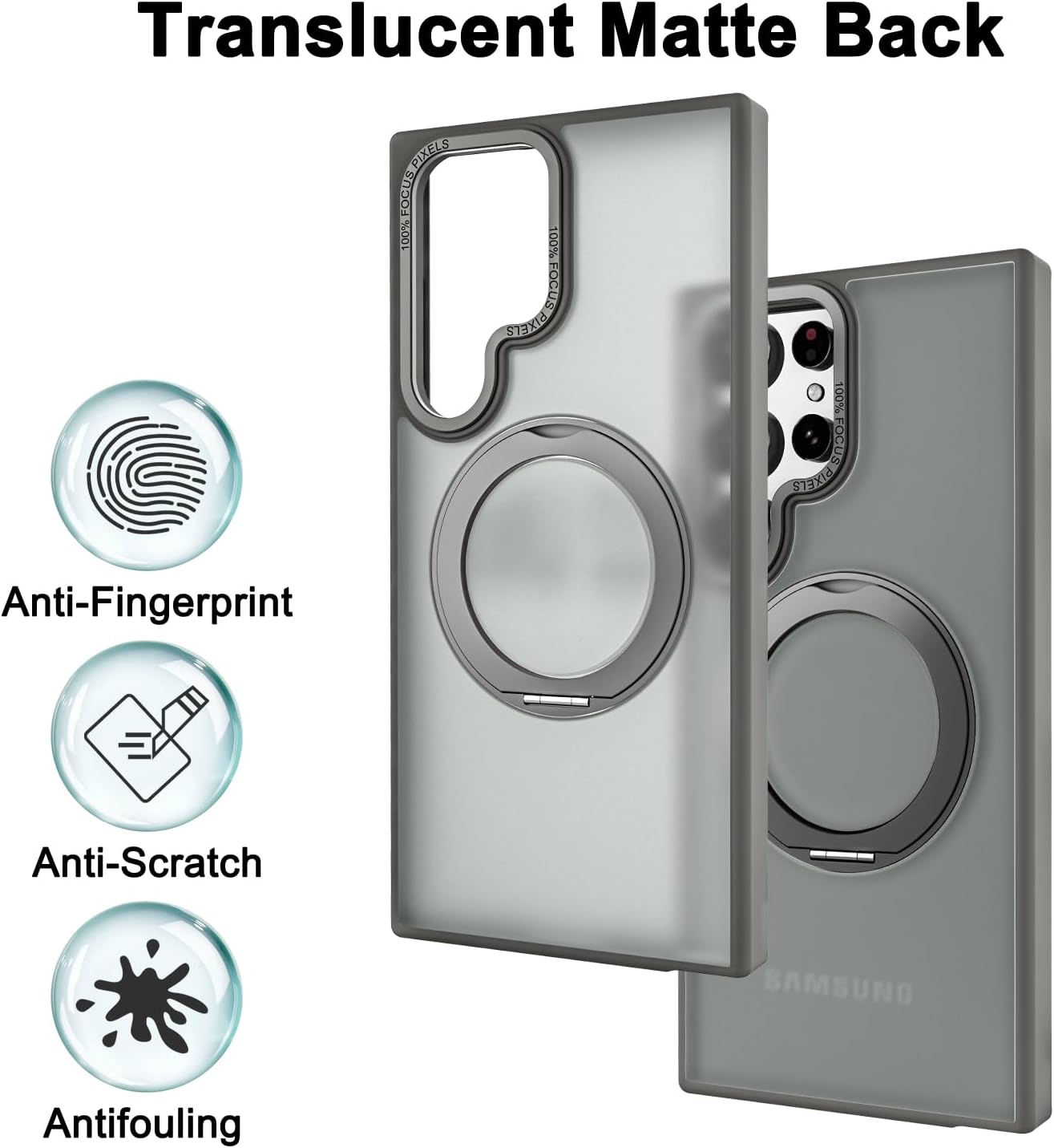 Samsung Galaxy S23 Ultra Shockproof Translucent Matte Case with 360° Rotatable Magnetic Magsafe Ring & Kickstand - Gray