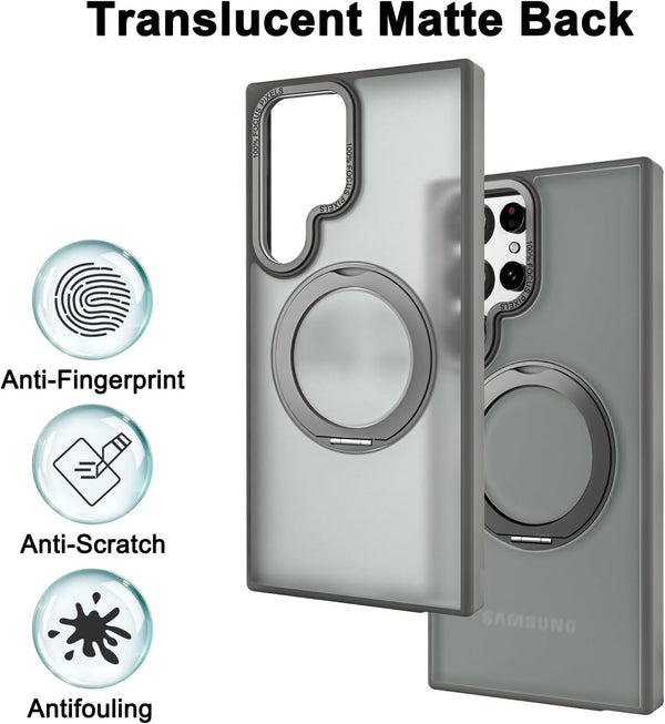 Samsung Galaxy S23 Ultra Shockproof Translucent Matte Case with 360° Rotatable Magnetic Magsafe Ring & Kickstand - Gray