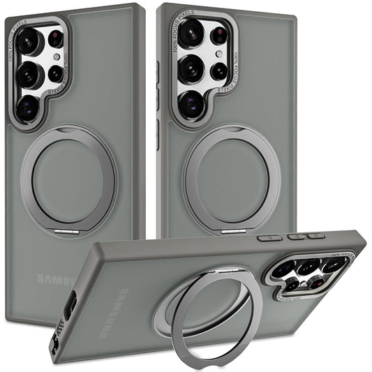 Samsung Galaxy S23 Ultra Shockproof Translucent Matte Case with 360° Rotatable Magnetic Magsafe Ring & Kickstand - Gray