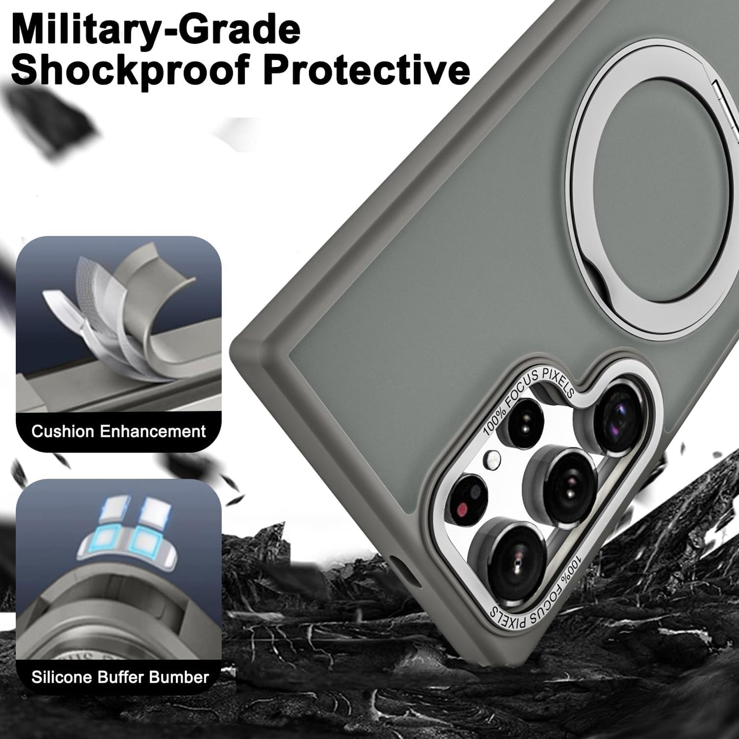 Samsung Galaxy S23 Ultra Shockproof Translucent Matte Case with 360° Rotatable Magnetic Magsafe Ring & Kickstand - Gray