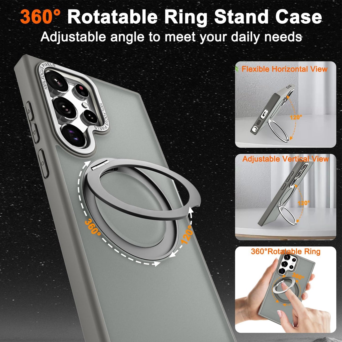 Samsung Galaxy S23 Ultra Shockproof Translucent Matte Case with 360° Rotatable Magnetic Magsafe Ring & Kickstand - Gray