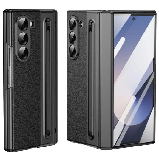 Samsung Galaxy Z Fold 6 Electroplating Leather Case with S Pen & Front Glass Protection - Black