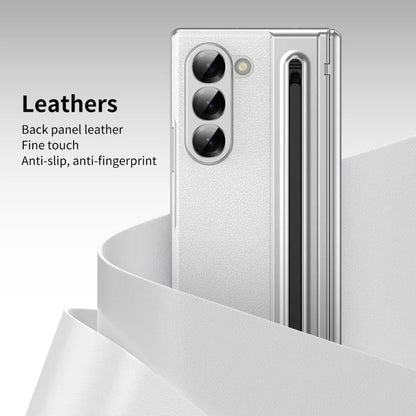 Samsung Galaxy Z Fold 6 Electroplating Leather Case with S Pen & Front Glass Protection - Whitesilver