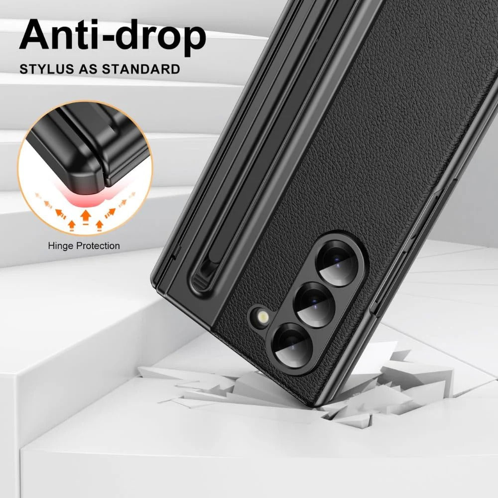 Samsung Galaxy Z Fold 6 Electroplating Leather Case with S Pen & Front Glass Protection - Black