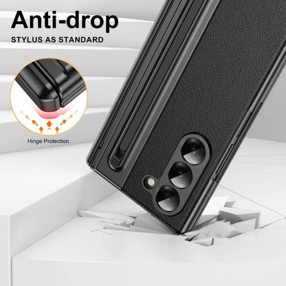 Samsung Galaxy Z Fold 6 Electroplating Leather Case with S Pen & Front Glass Protection - Black