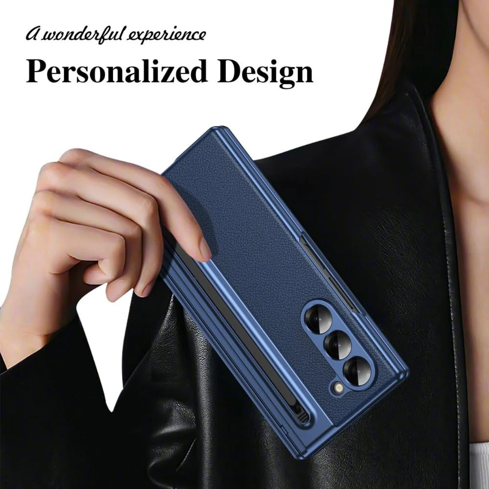 Samsung Galaxy Z Fold 6 Electroplating Leather Case with S Pen & Front Glass Protection - Blue
