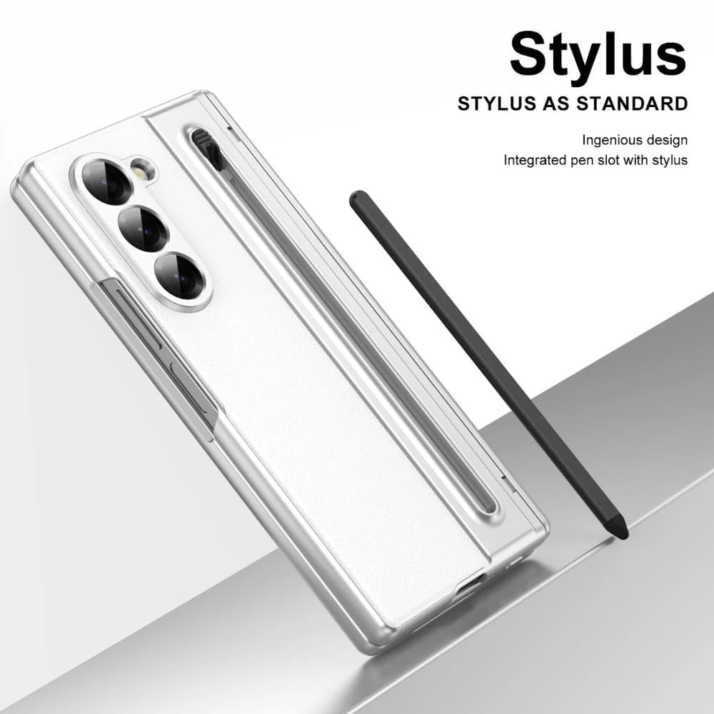 Samsung Galaxy Z Fold 6 Electroplating Leather Case with S Pen & Front Glass Protection - Whitesilver