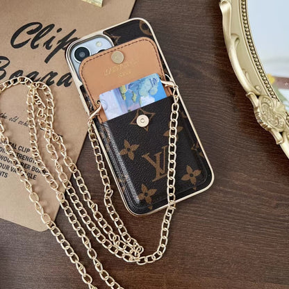 iPhone 16 Pro Louis Vuitton LV Leather Case with Gold Plated Chain & Pocket - Brown